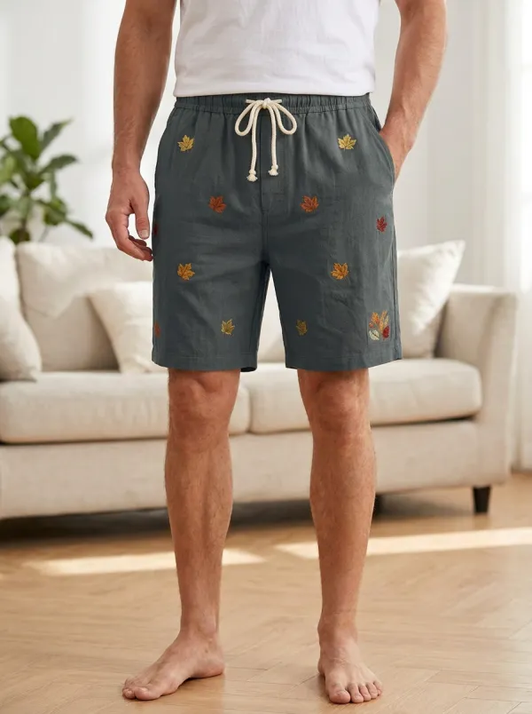 Olive Embroidered Leaf Drawstring Embroidered Shorts