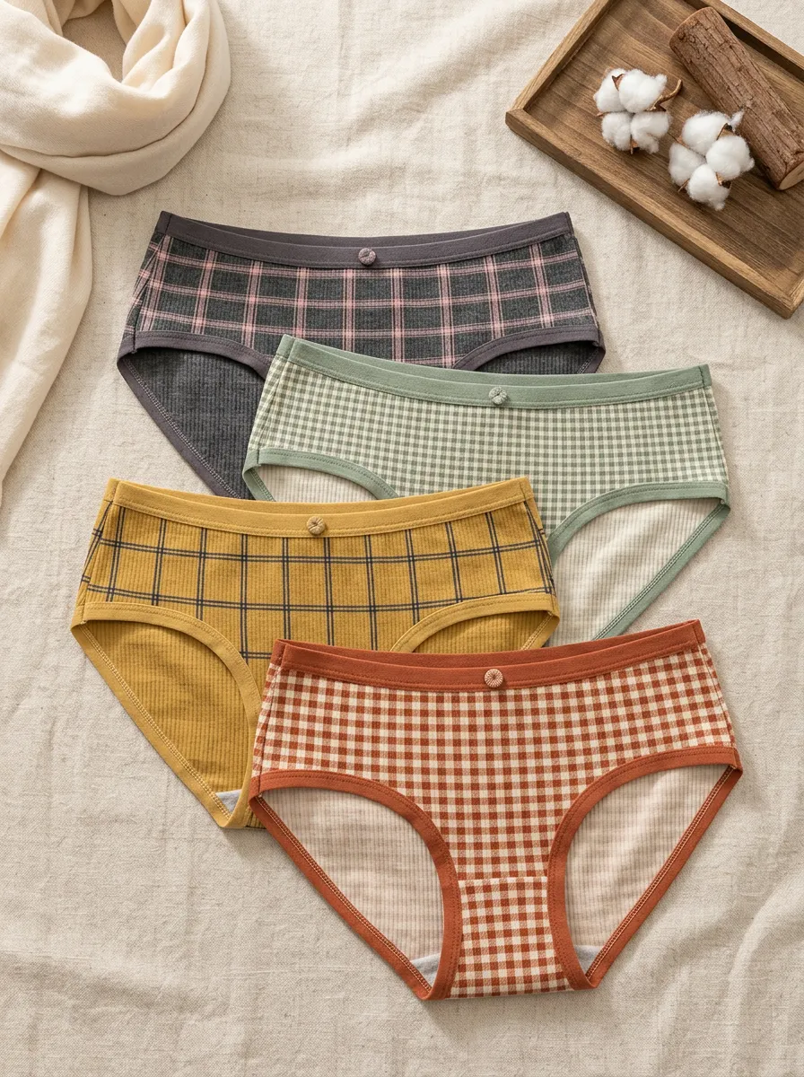 Women's Ribbed Plaid Printed Vintage 4-Piece Panty Set