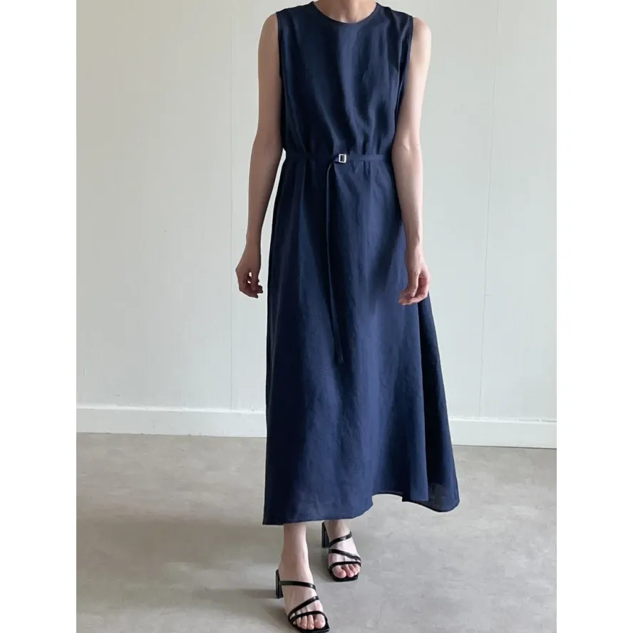 Sleeveless Linen Blend Cotton Blend Maxi Clean Line Dress