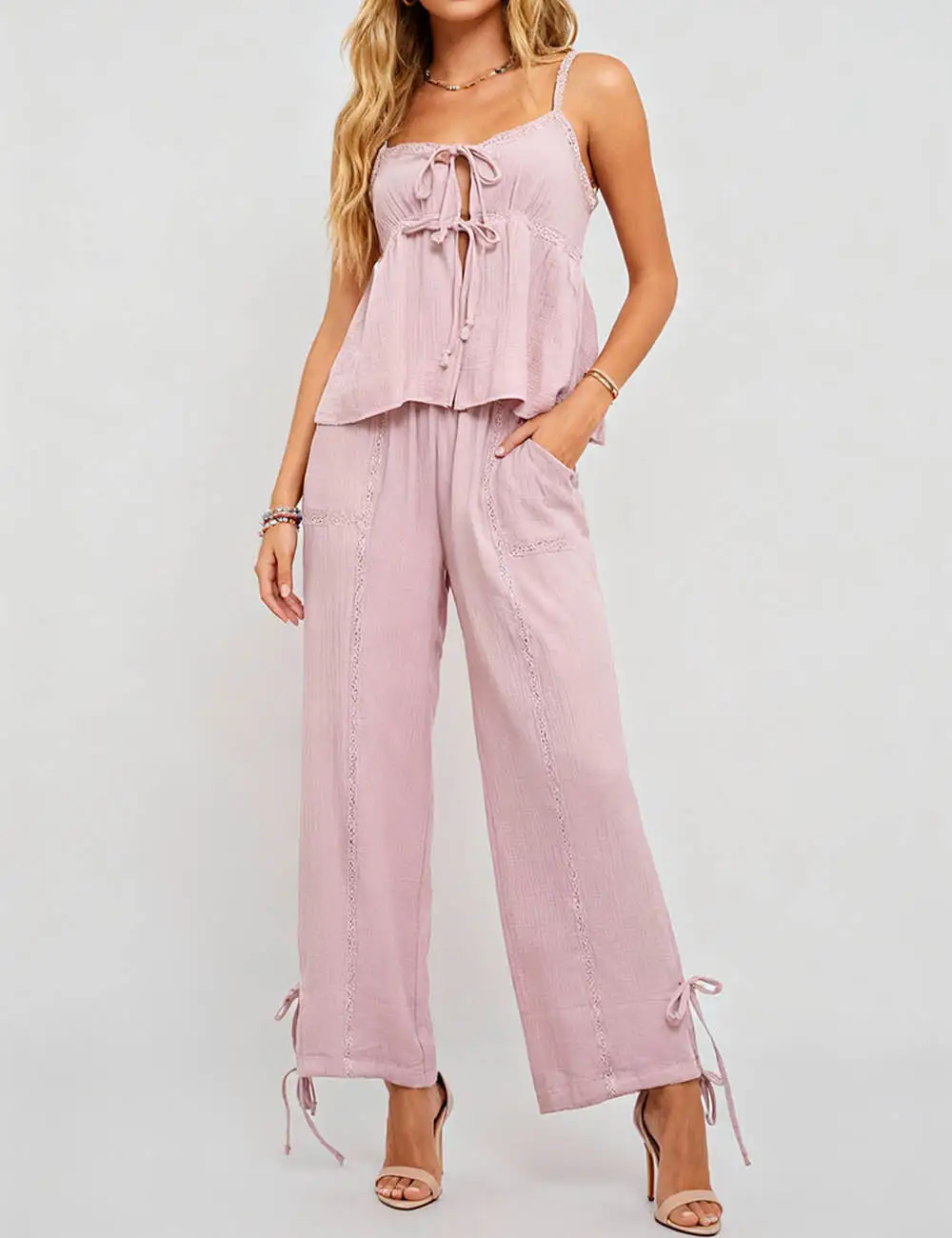 Boho Lace Up Cami Top and Wide Leg Pants Set