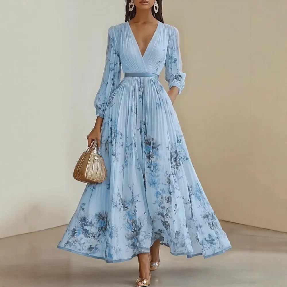  Pleated V Neck Maxi Dress