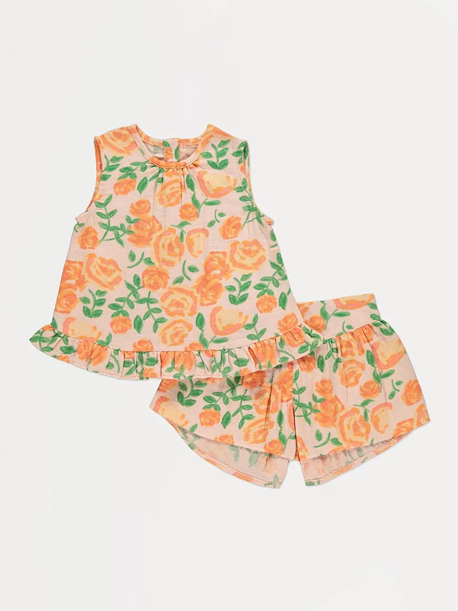 Orange Rose Frill Woven Top and Shorts Set