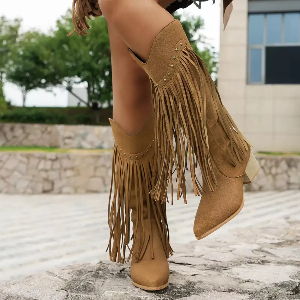 Classic Fringe Point Toe Block Heels Boots