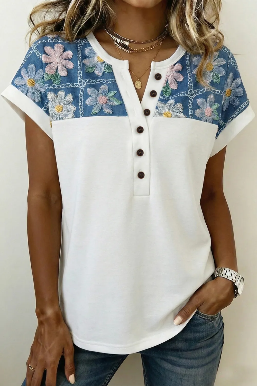 White Floral Patchwork Short Sleeve Blouse