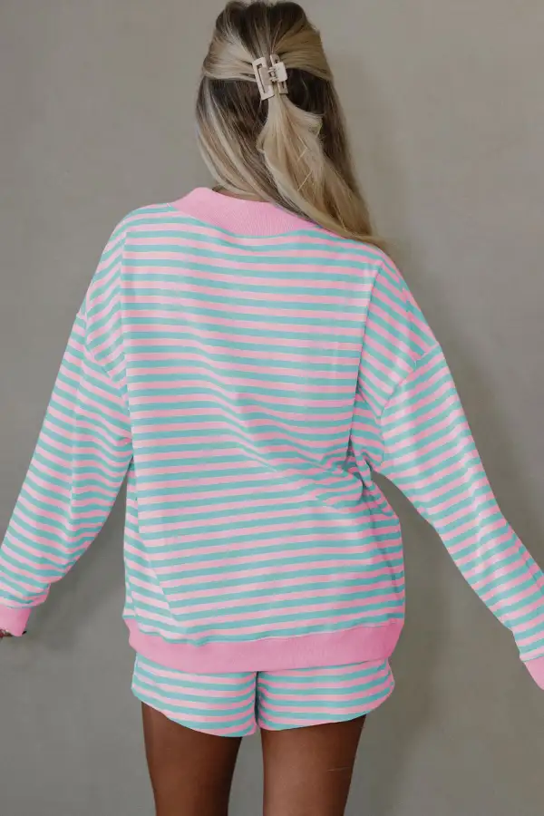 Stripe Long Relaxed Shorts Lounge Set Comfort