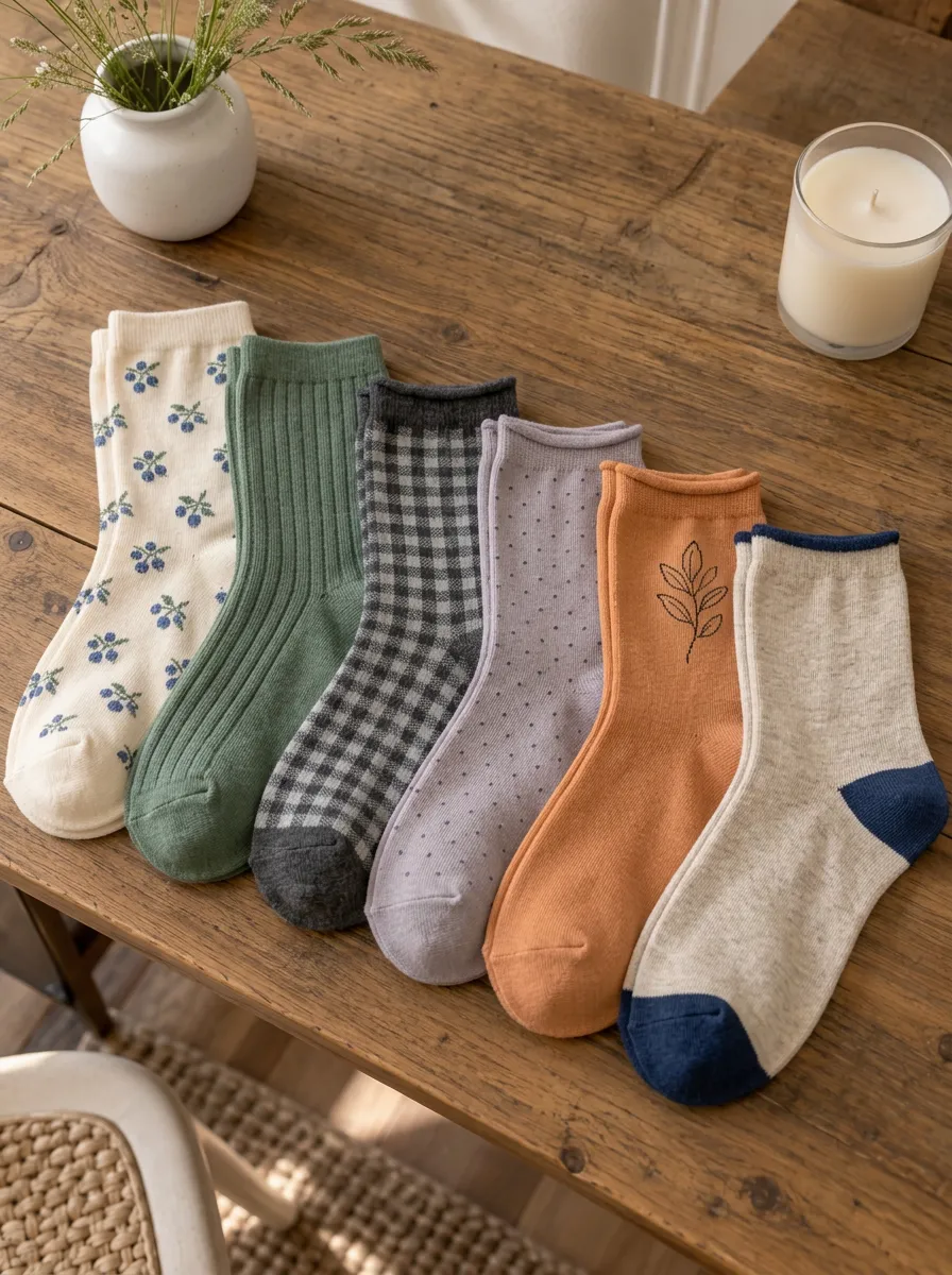 Women's Vintage Floral Plaid Polka Dot Leaf Printed Socks 6-Pack