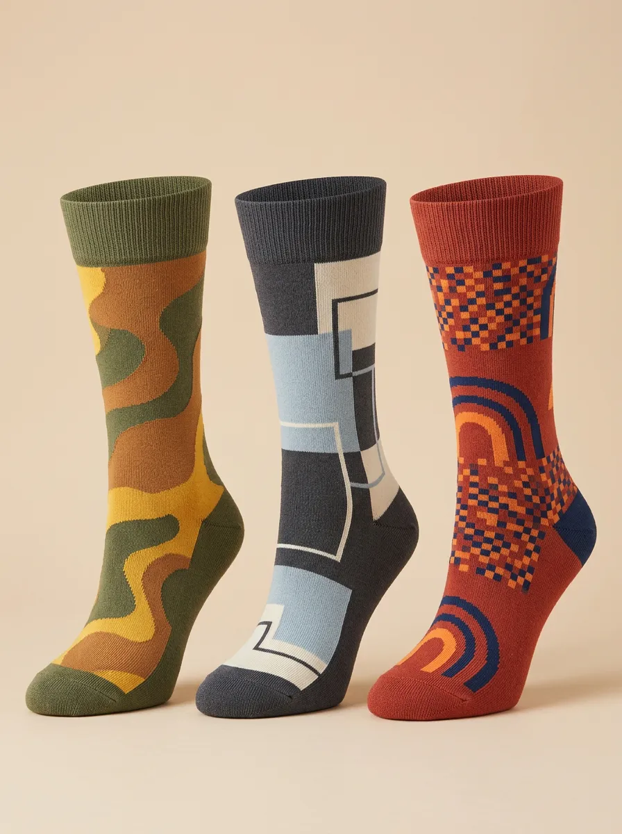 Men's Geometric Abstract Pattern Printed Three Pack Socks Motion Pattern