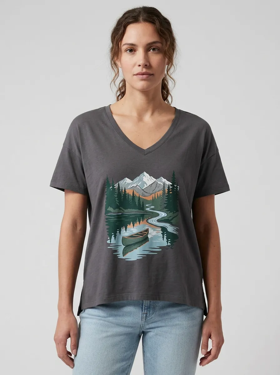 Women's Nature-Inspired Mountain & Canoe Graphic V-Neck T-Shirt