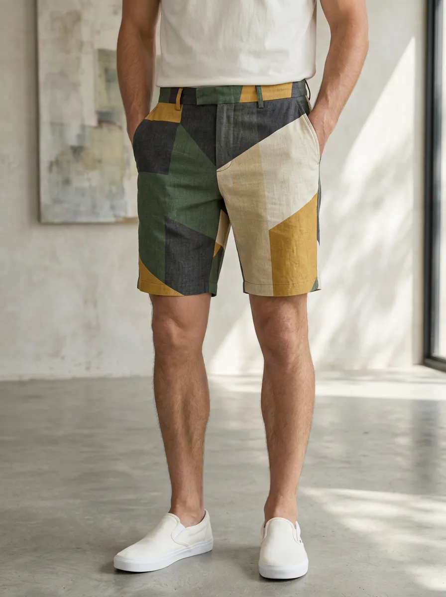 Men's Straight Leg Geometric Colorblock Tailored Shorts