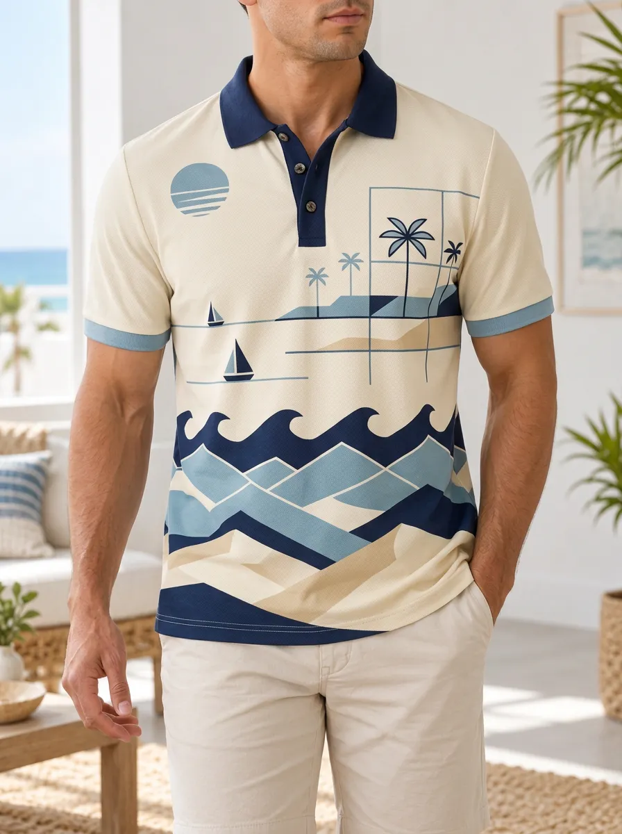 Men's Beach Vacation Tropical Ocean Sailboat Printed Polo Shirt