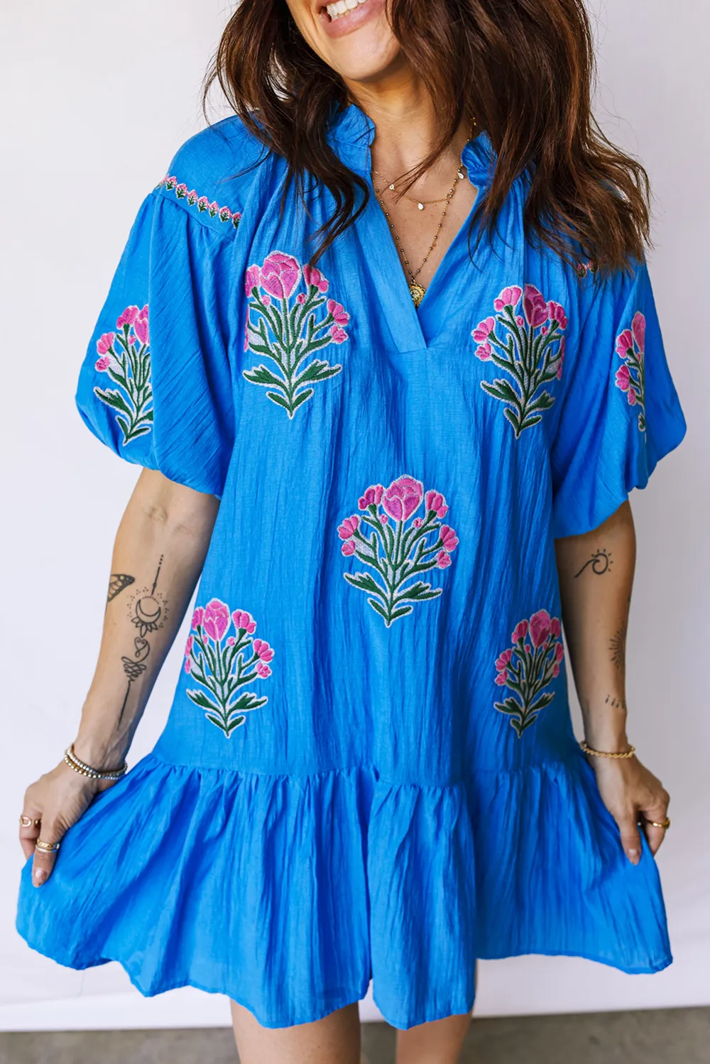 Blue Embroidered Ruffle Hem Dress