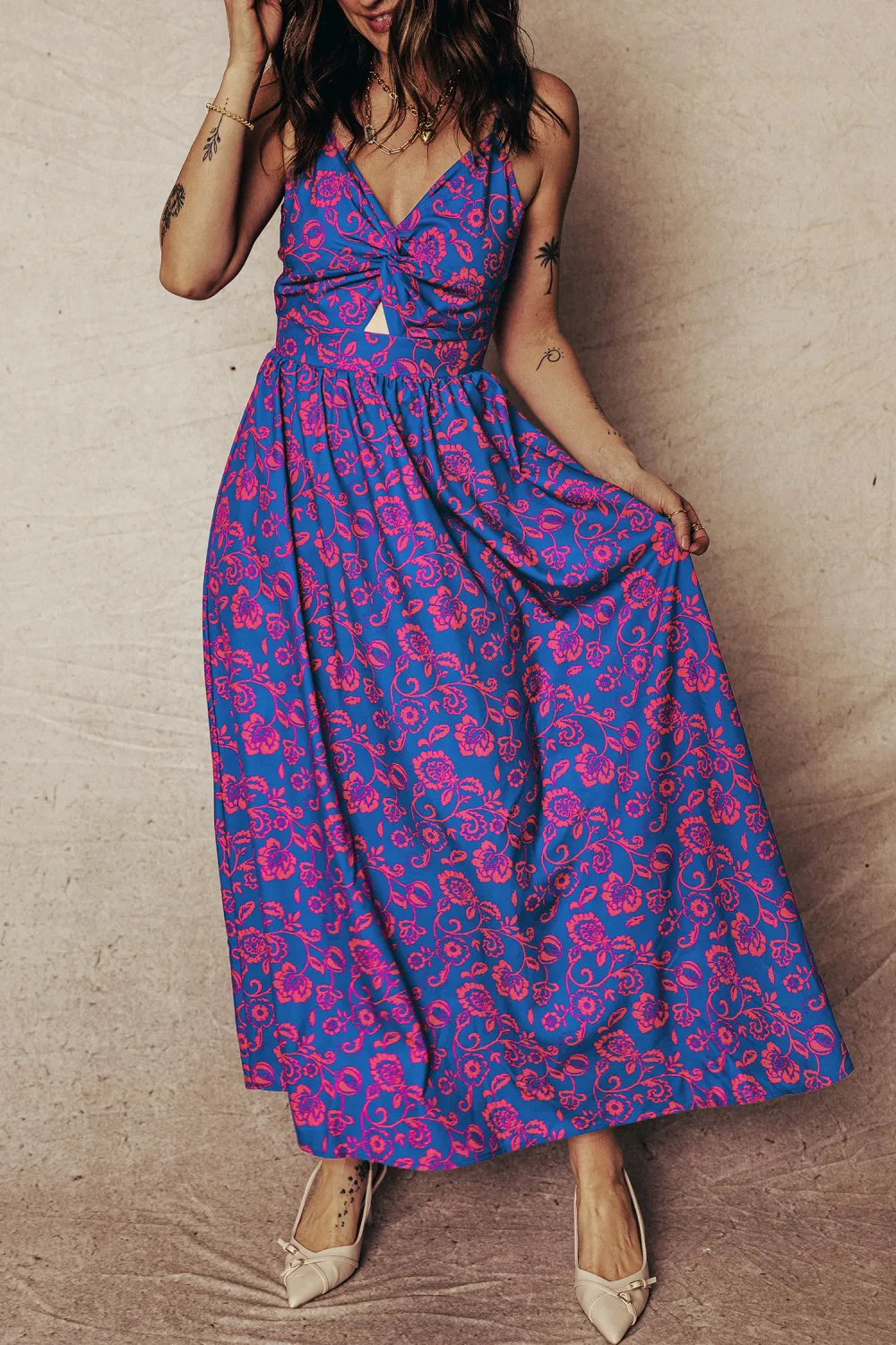 Blue Floral Tie Back Maxi Dress