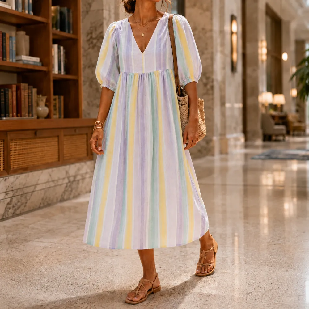 Striped V-Neck Midi Dress