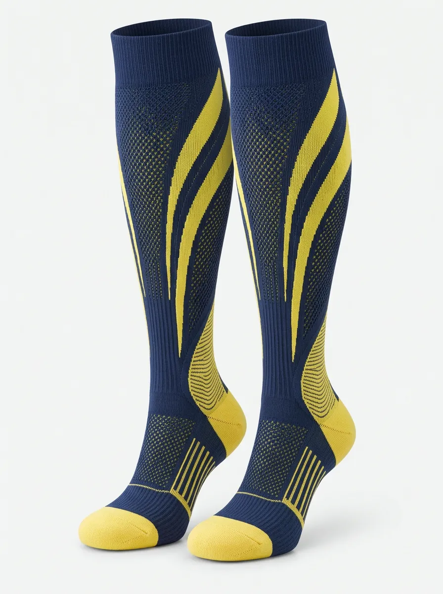 Women's Navy and Yellow Color-Blocked Knee-High Socks
