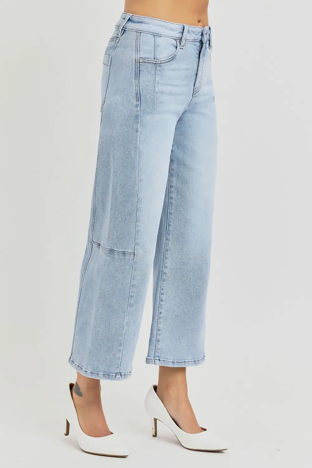 High Rise Seamed Detail Wide Leg Denim Jeans