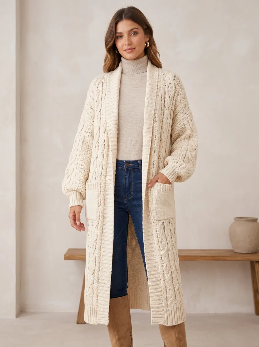 Women's Casual Fashion Cream Cable Knit Long Cardigan