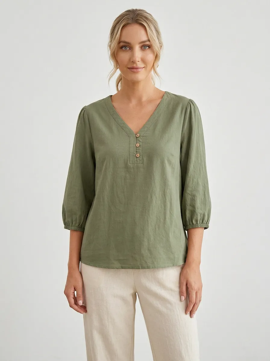 Short-Sleeve Three-Quarter-Sleeve Button-Front Women's V-Neck Shirt