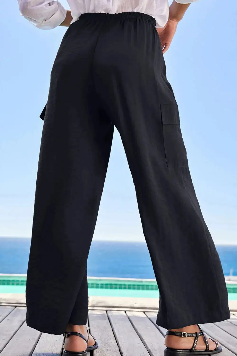 Drawstring Frilled Waist Wide Leg Utility Trousers