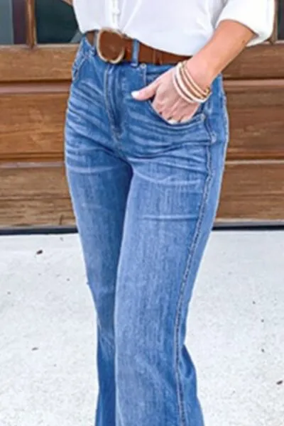 Contoured Flare Leg Pocketed Denim Jeans