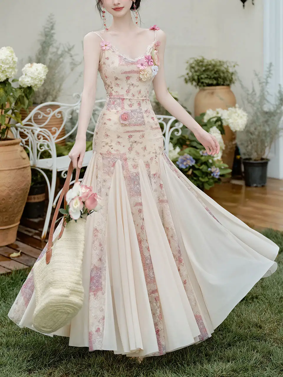 Floral Spaghetti Strap Fishtail Maxi Dress