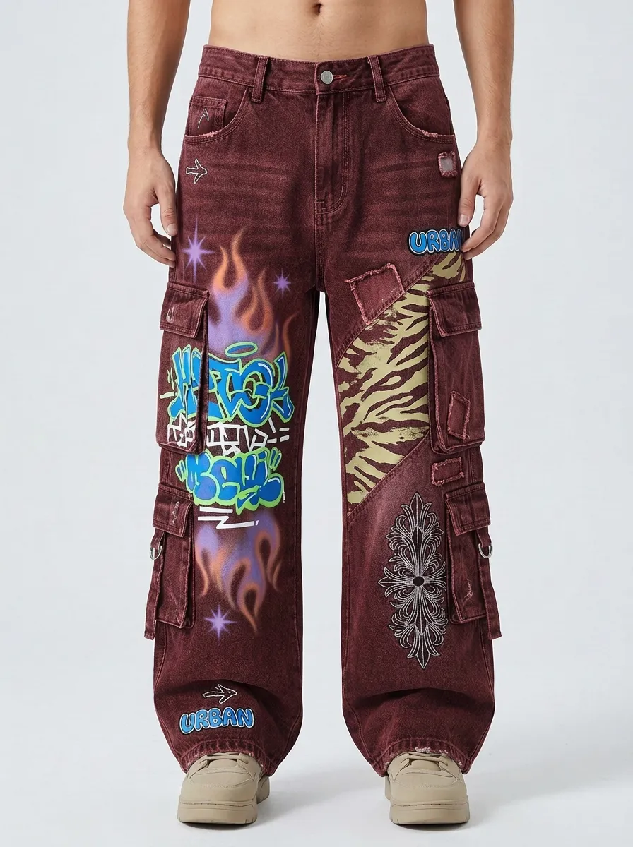Men's Graffiti Flame Tiger Print Graphic Cargo Jeans