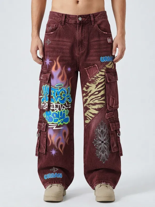 Men's Graffiti Flame Tiger Print Graphic Cargo Jeans