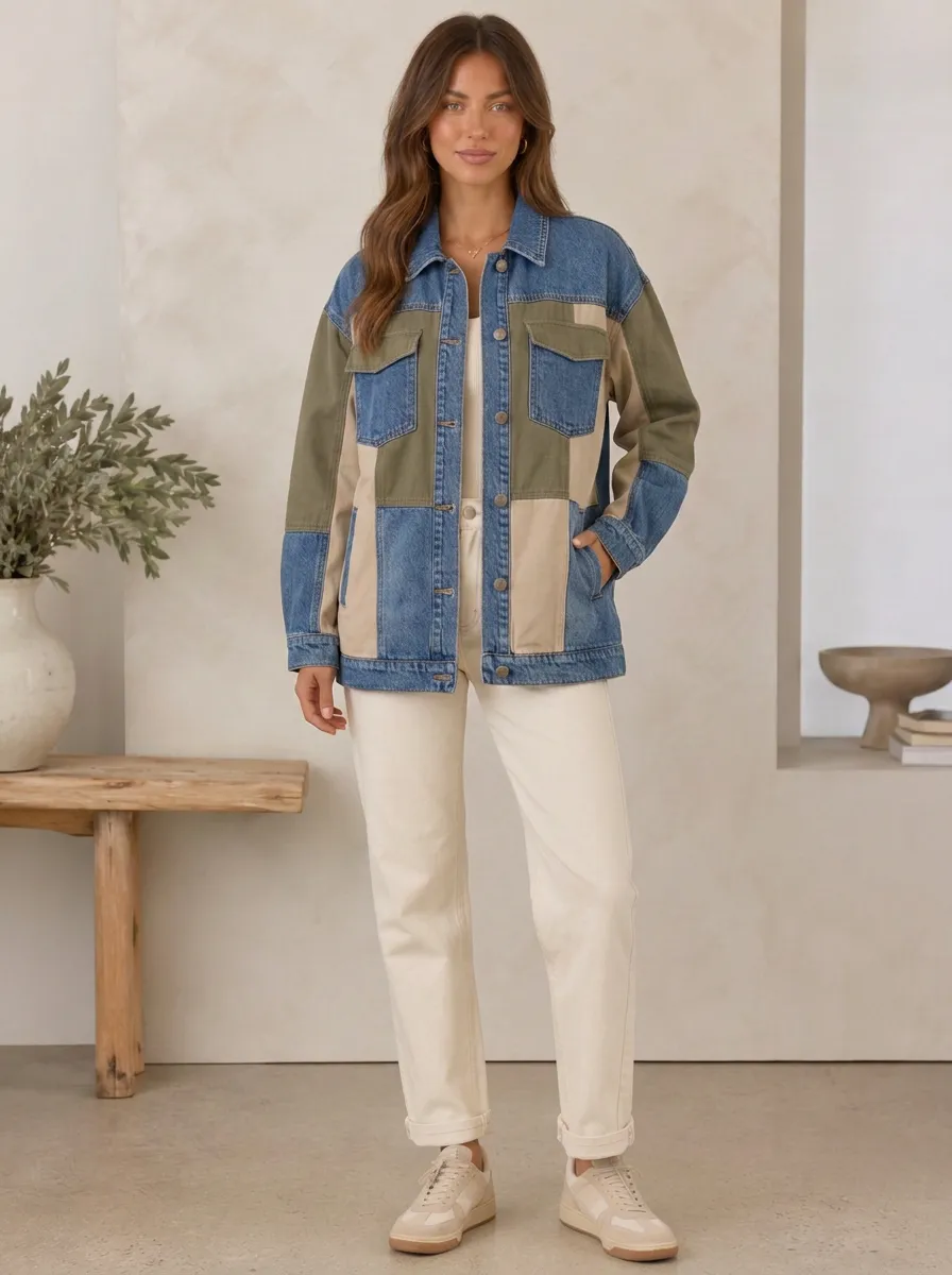 Women's Casual Style Colorblock Patchwork Denim Jacket