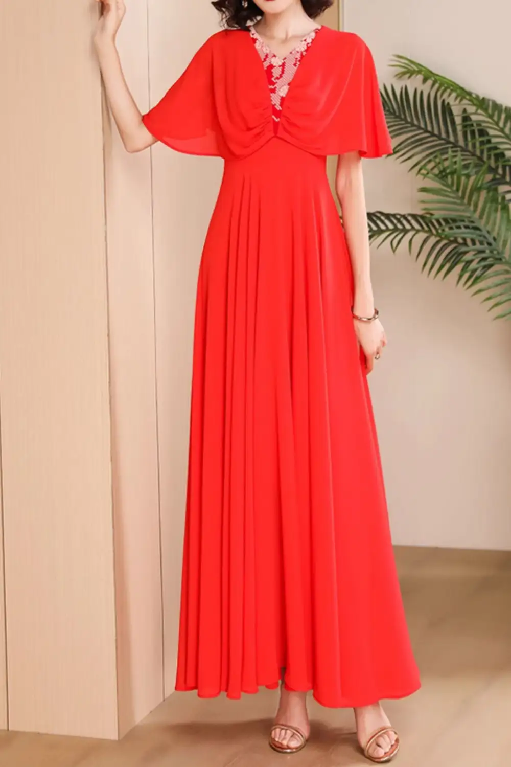 Refined Chiffon Swing V Neck Maxi Dress