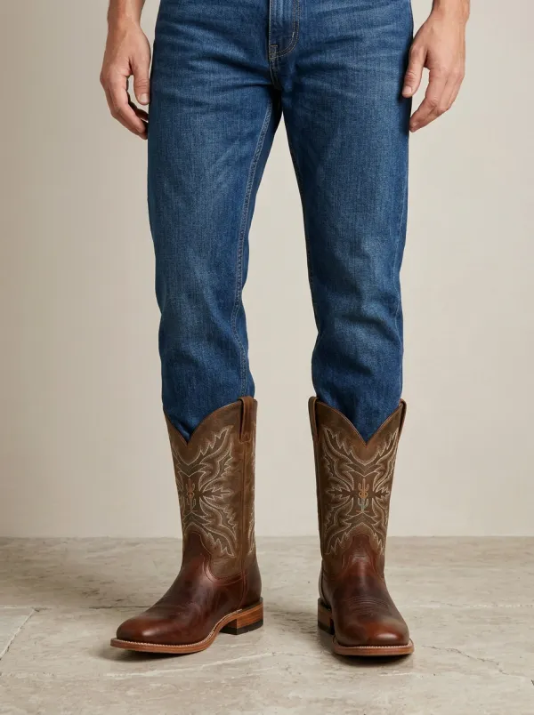 Men's Western Cowboy Cactus Embroidered Leather Boots