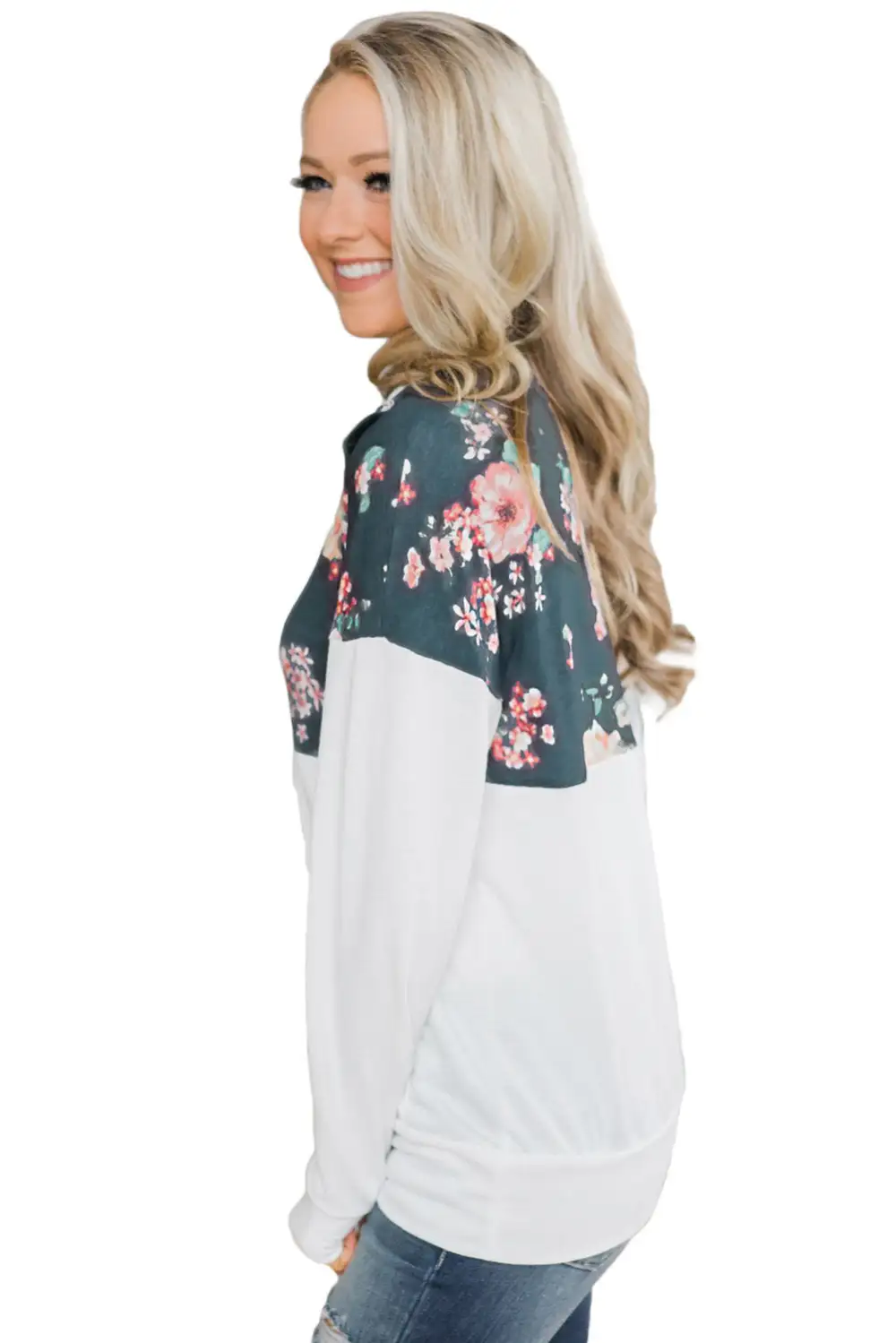 Floral Splice Kangaroo Pocket Zip Collar Sweatshirt