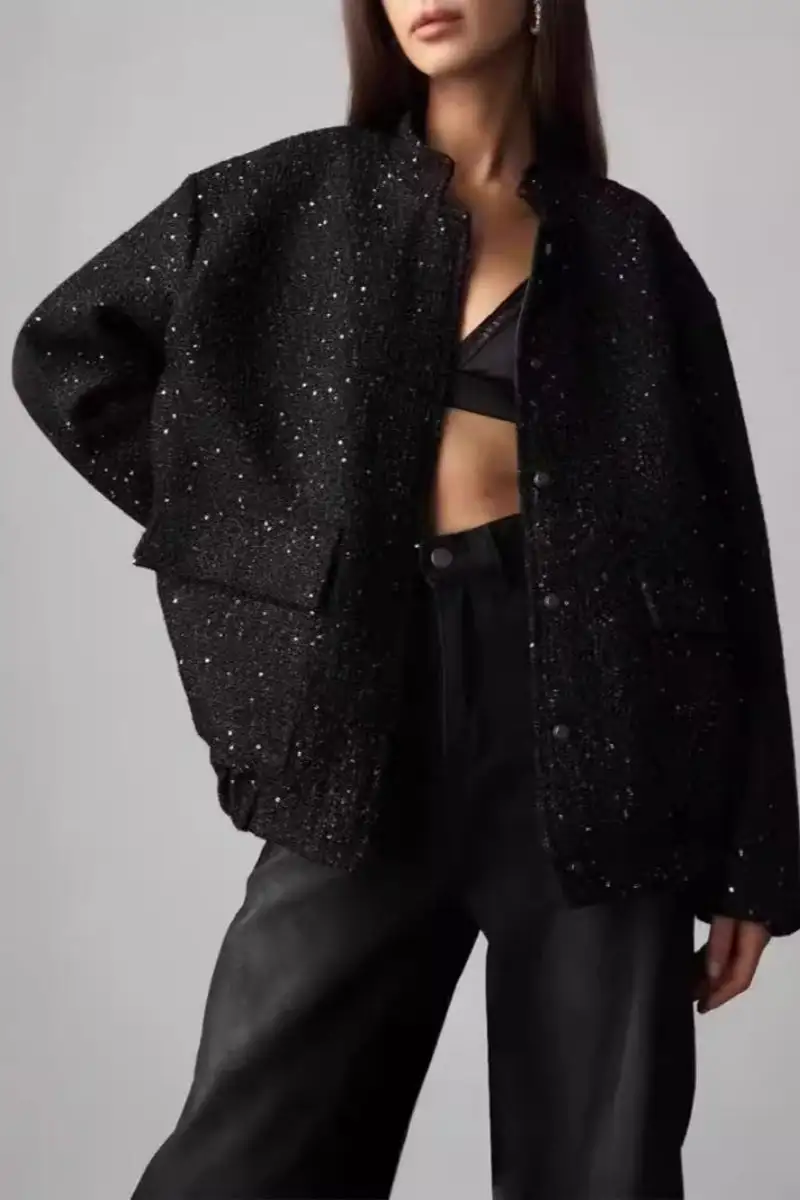 Stand-Collar Sequined Jacket
