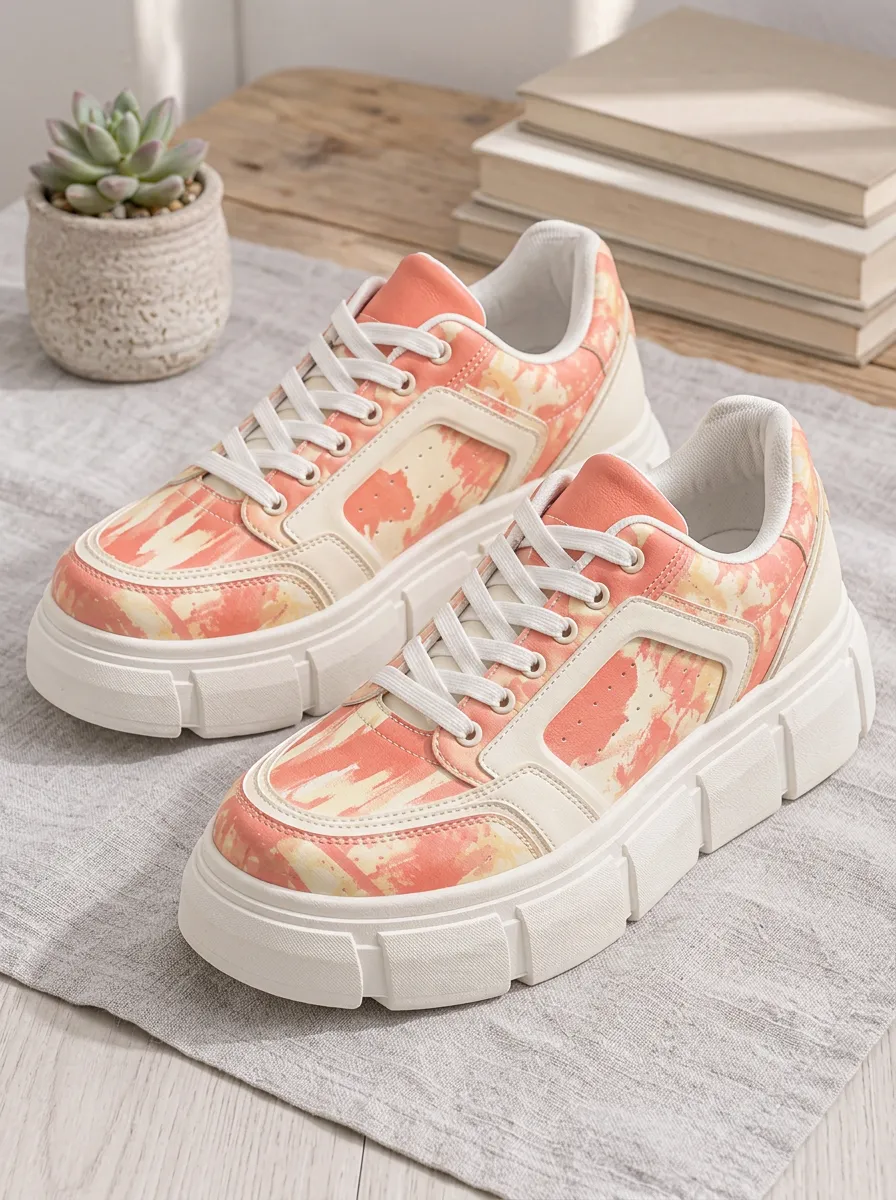 Women's Peach Tie-Dye Abstract Printed Platform Sneakers