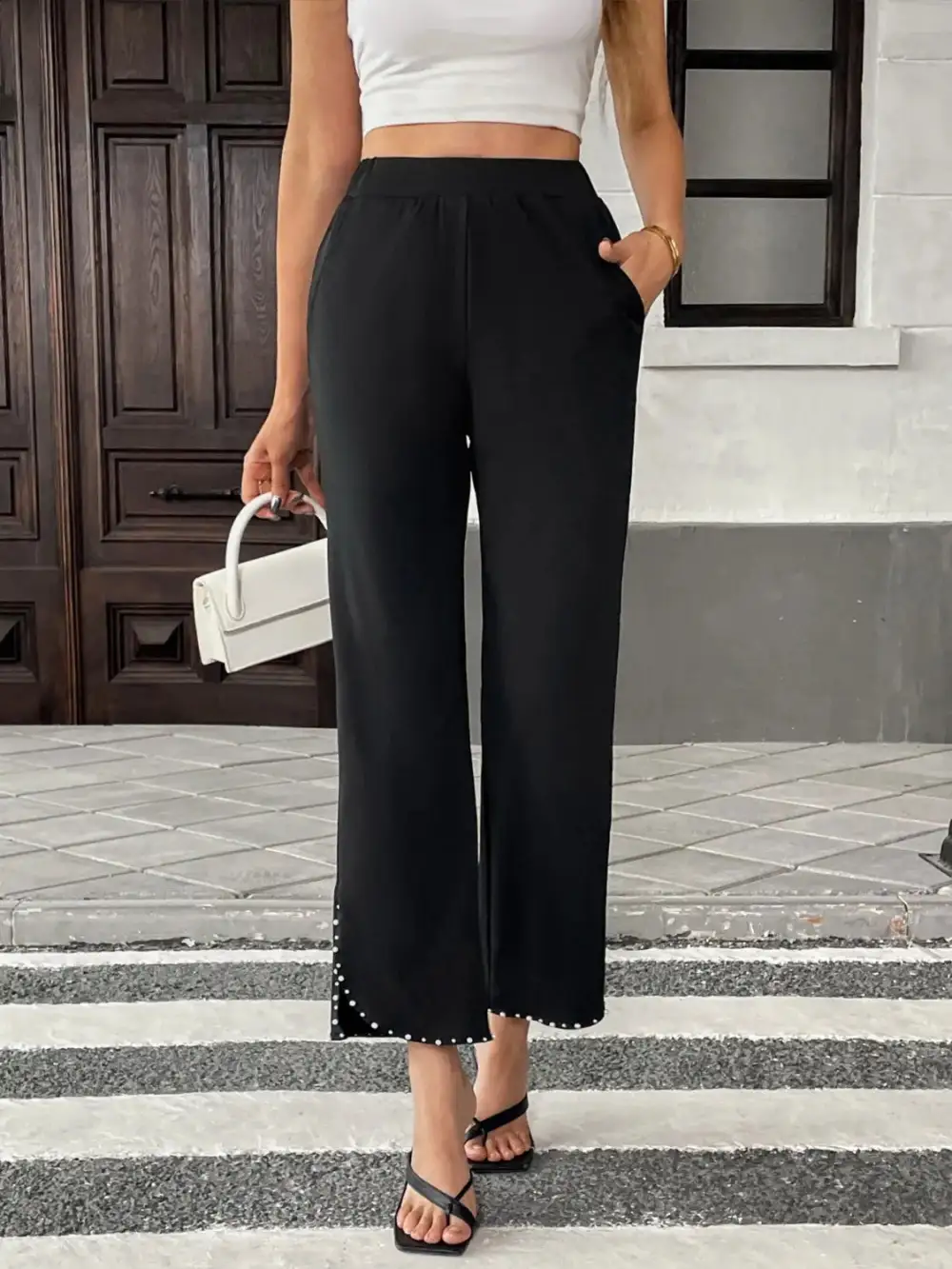 Pearl Embellished Cropped Wide Leg Pants