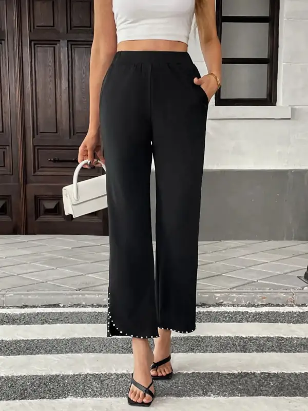 Pearl Embellished Cropped Wide Leg Pants