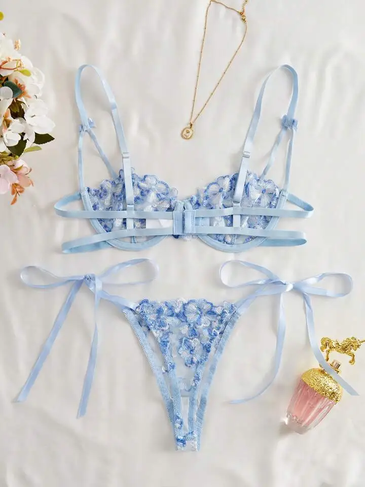 Floral Embroidered Sheer Lingerie Set