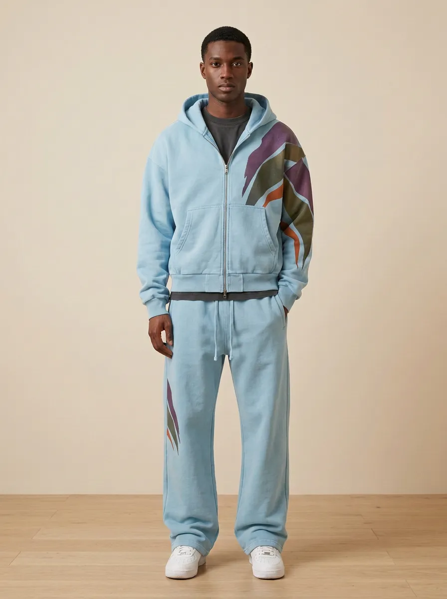 Men's Abstract Wave Pattern Printed Zip-up Hoodie Sweatsuit