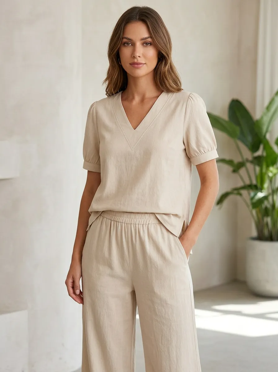 Puff-Sleeve Women's V-Neck Shirt