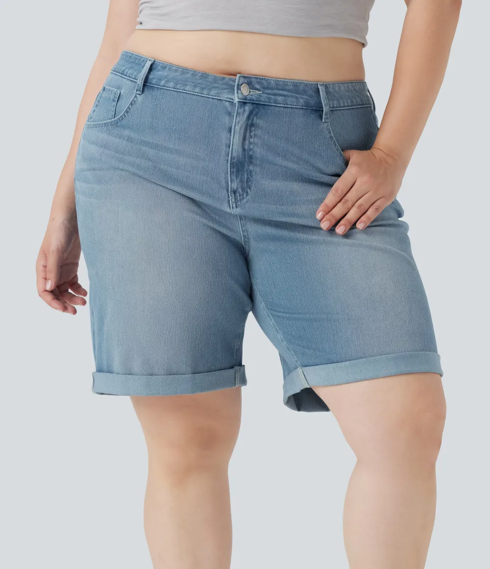  High Waisted Multiple Pockets Rolled Hem Washed Stretchy Knit Denim Casual Plus Size Bermuda Shorts