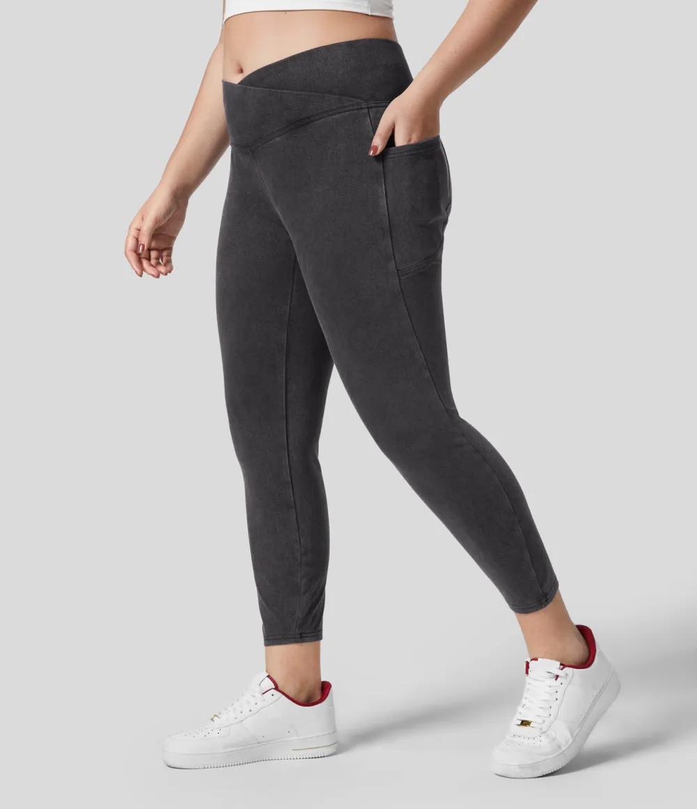 Magic Crossover Side Pocket Washed Stretchy Knit Denim Work Plus Size Leggings