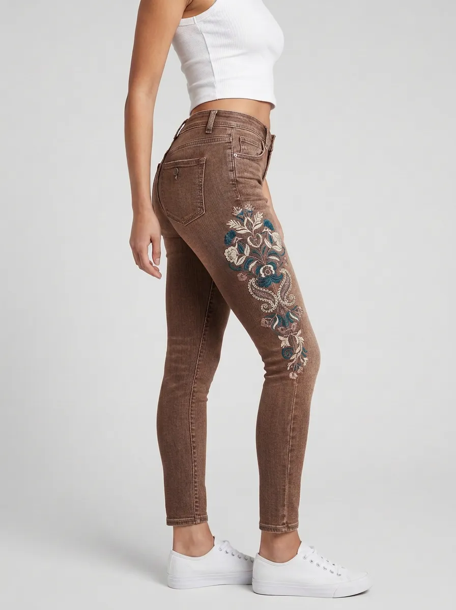 Women's Floral Paisley Embroidery Printed Slim Jeans