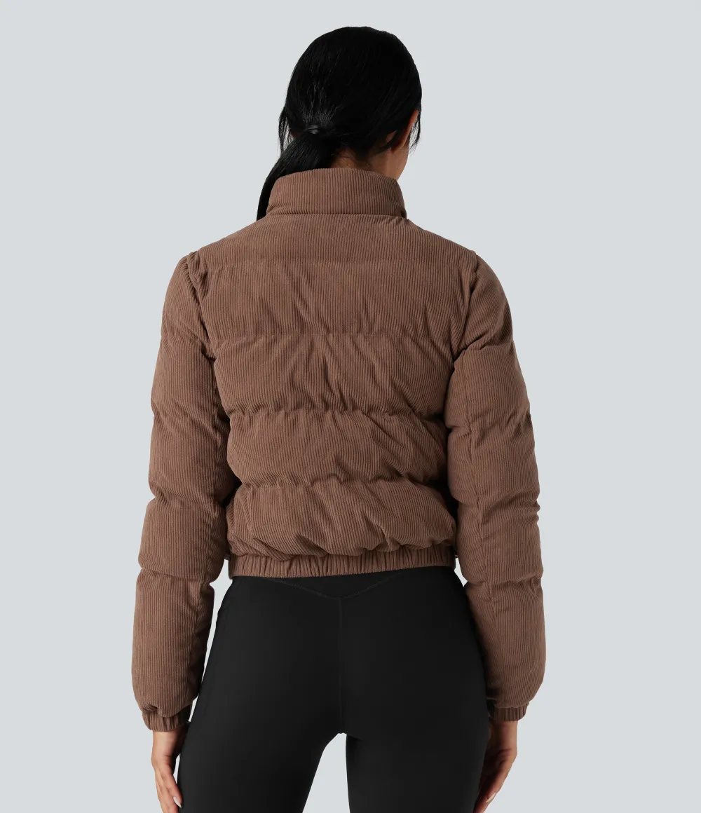 Stand Collar Corduroy Casual Puffer Jacket with Pockets