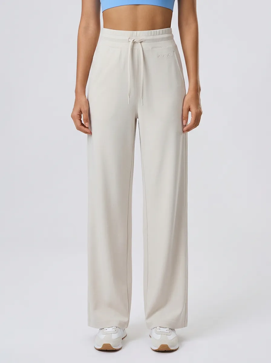 Women's Minimalist Solid Beige Drawstring Wide Leg Sweatpants