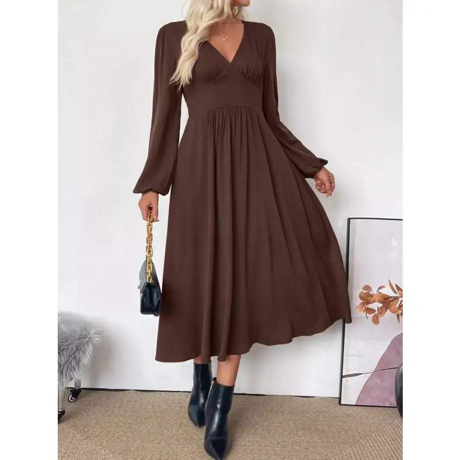 Neck V-Neck Balloon Sleeve Midi Dress
