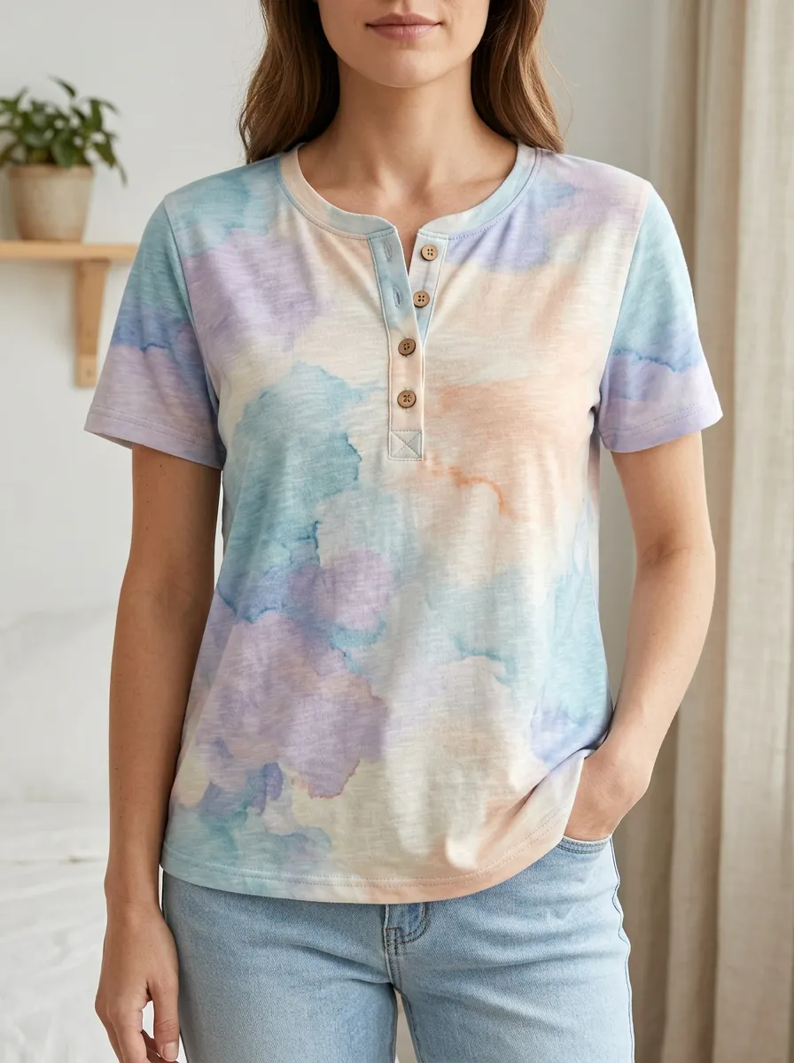 Women's Classic Watercolor Tie-Dye Henley T-Shirt