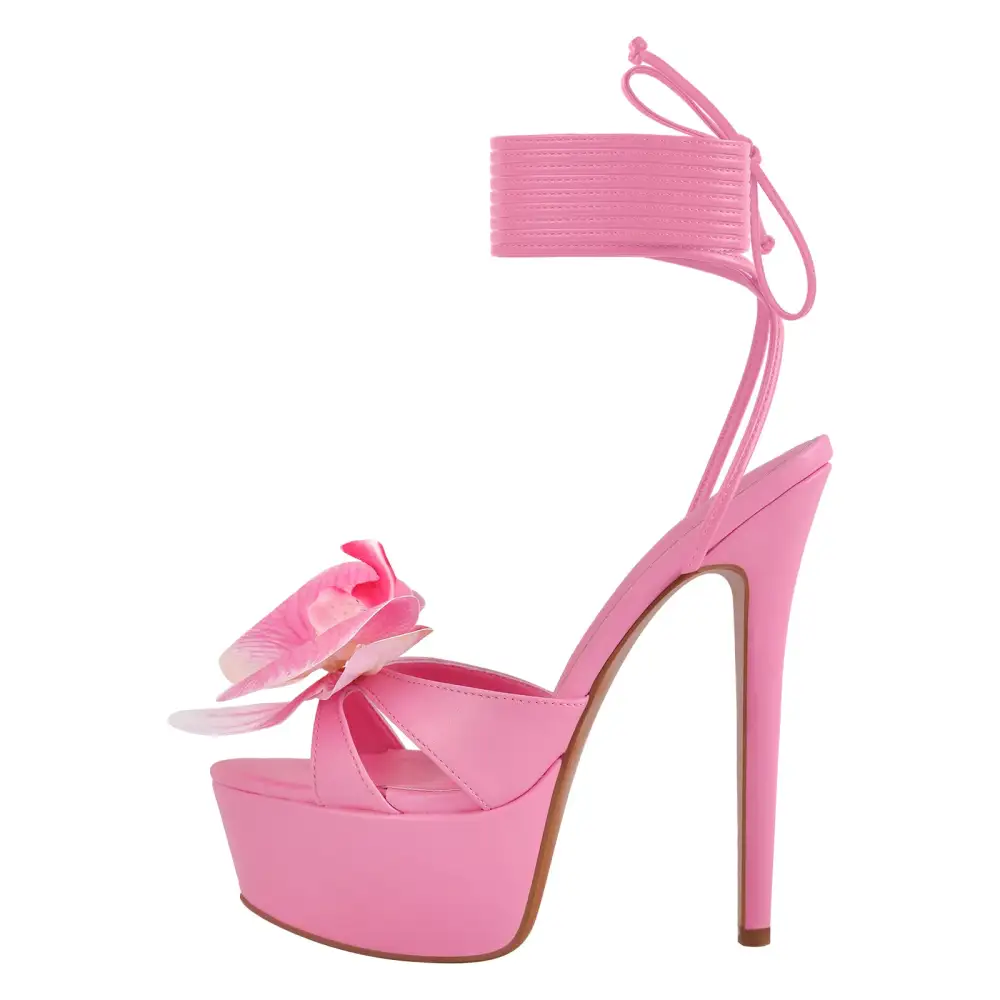 Round Toe Flower Platform Lace Up Stiletto Sandals