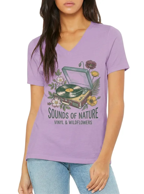 Women's Music Lover Vinyl Record Wildflowers Printed V-neck T-shirt