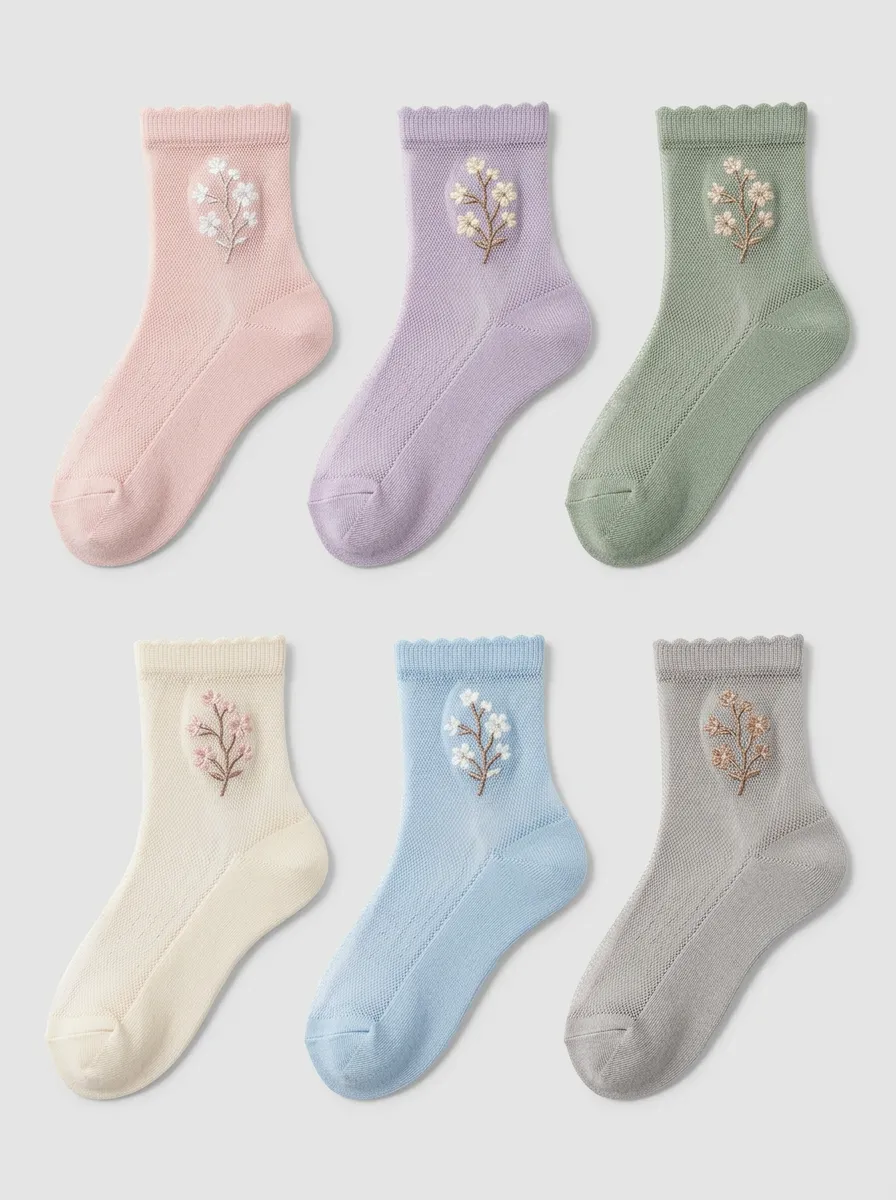 Women's Floral Pastel Mesh Embroidered Socks