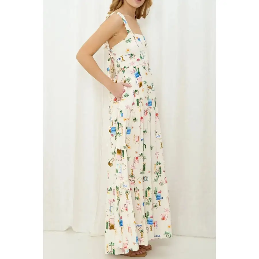 Classic Printed Square Neck Wide Strap Maxi Dress