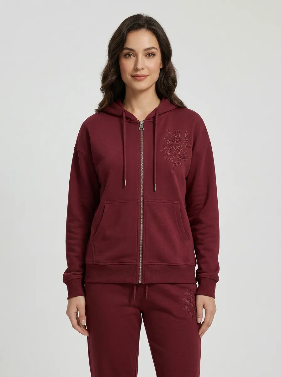 Women's Sage Green Butterfly Floral Embroidered Zip-Up Hoodie Jacket & Straight-Leg Pants Set