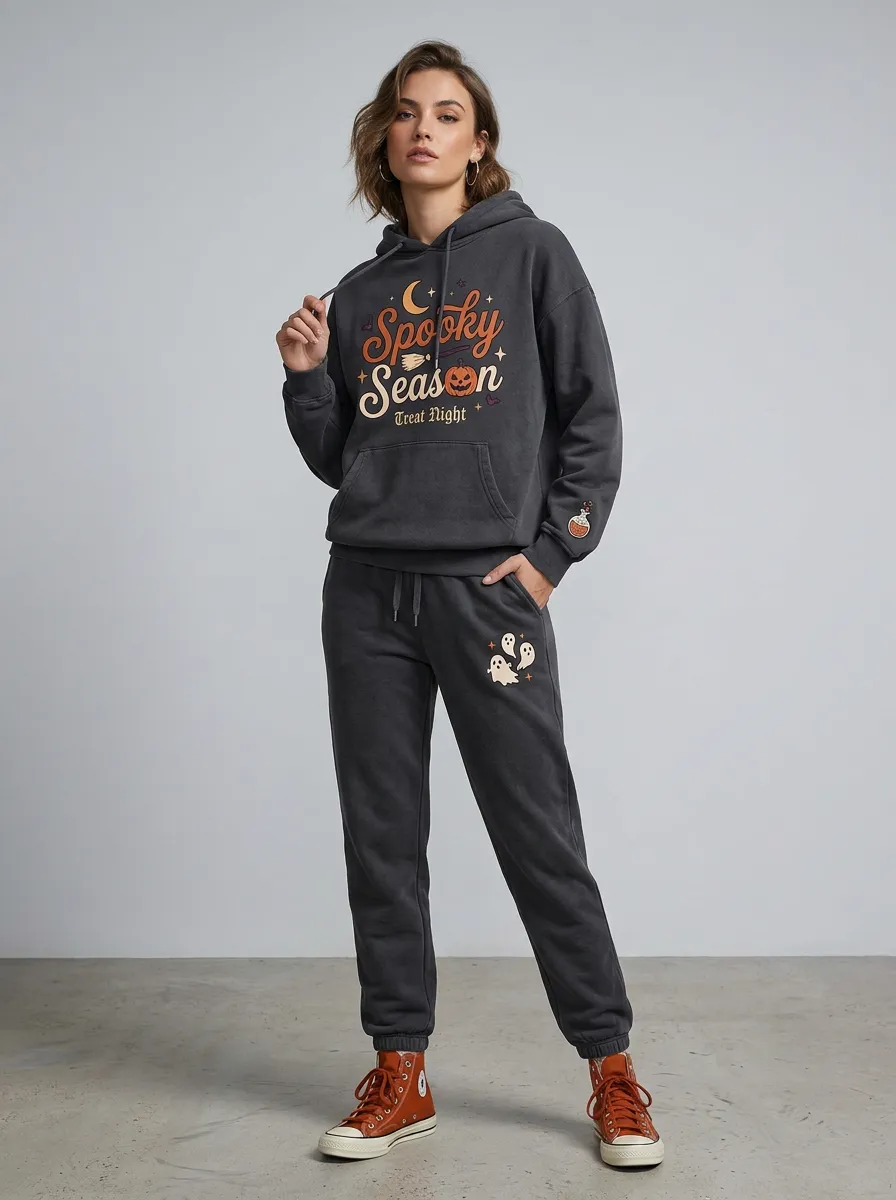 Women's Halloween Washed Charcoal Spooky Season Ghost Pumpkin Kangaroo-Pocket Hoodie Jogger Set